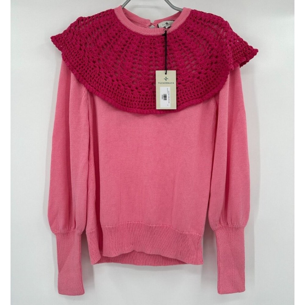 Tuckernuck Mixed Berry Pink Crochet Bettina Sweater sz XS NWT Long Sleeve Collar